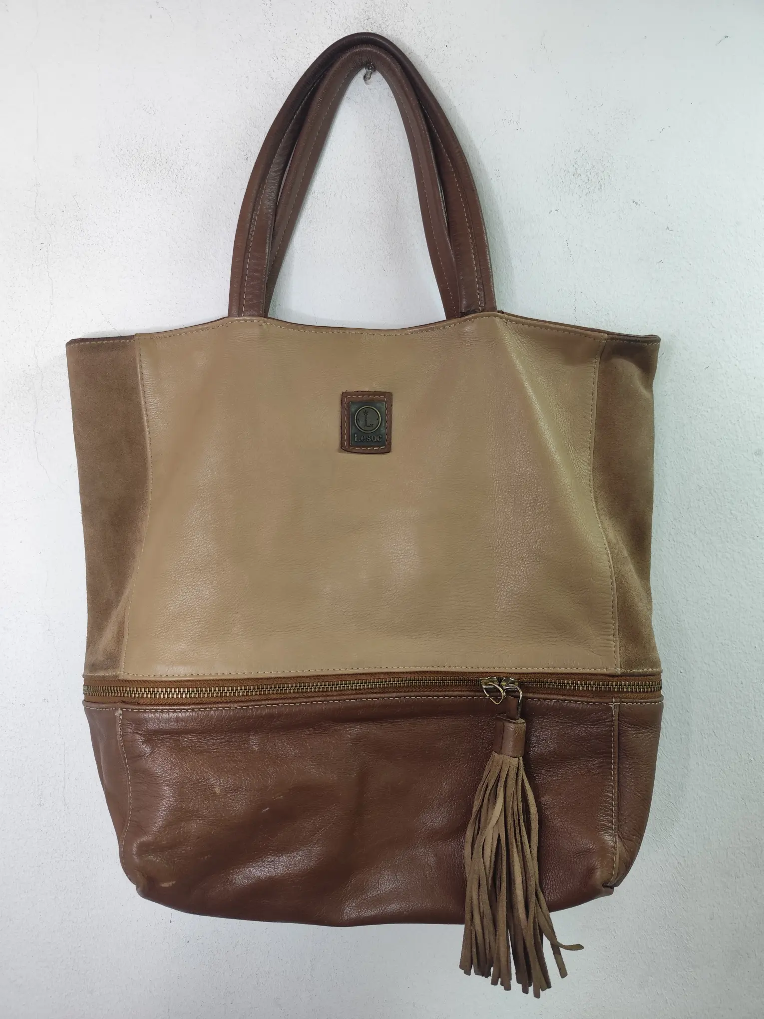 Vintage 90s leather shopper bag beige & dark brown