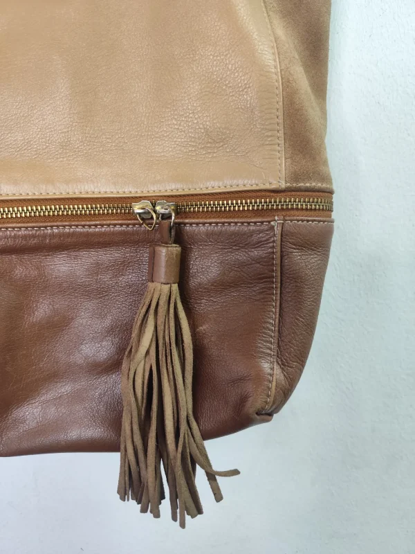 Vintage 90s leather shopper bag beige & dark brown - Imagen 2