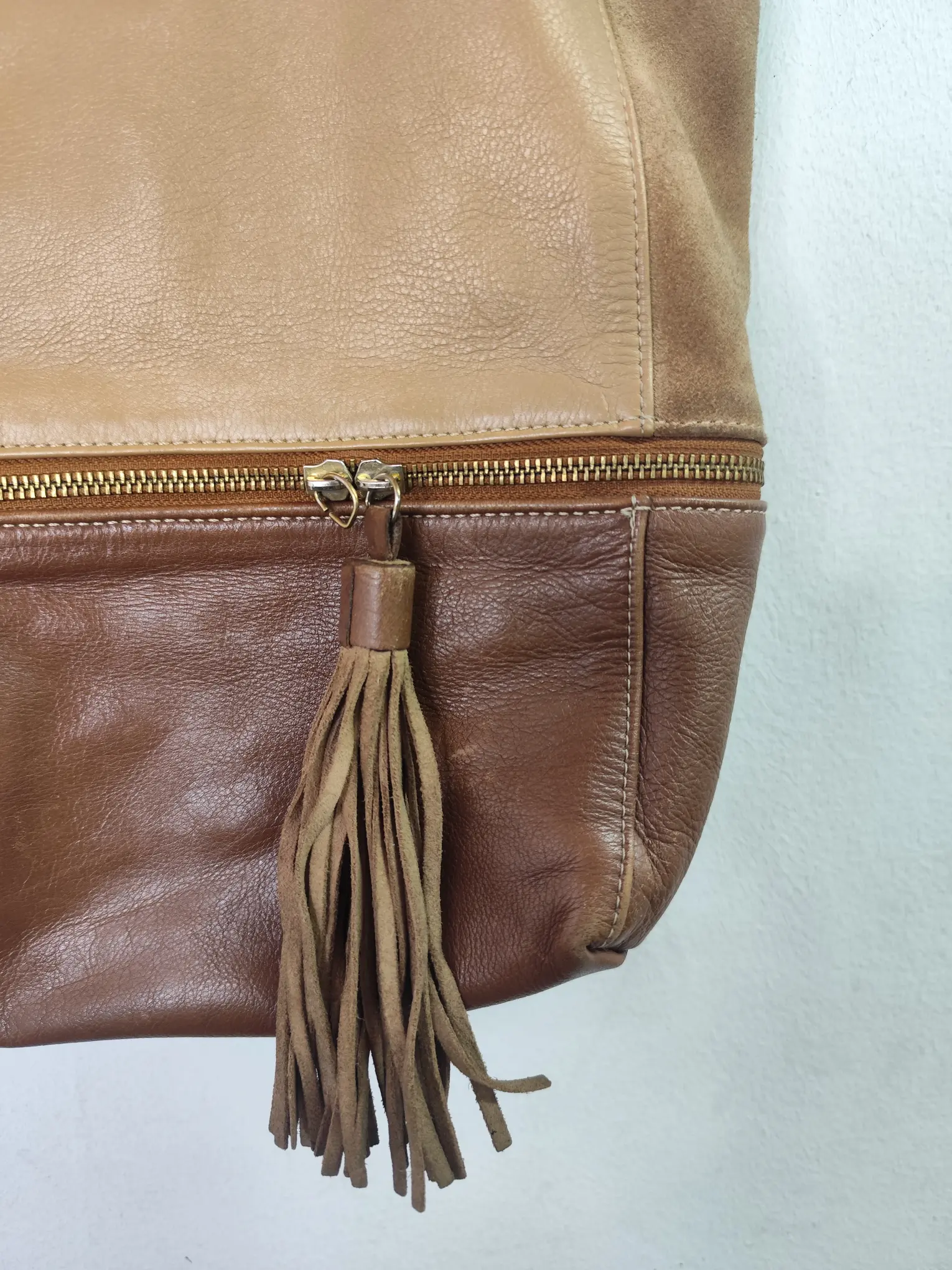 Vintage 90s leather shopper bag beige & dark brown - Imagen 2
