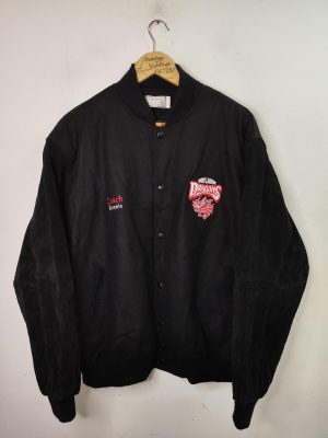 Chaqueta de ante y lana negra con dragón bordado rojo XL