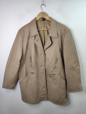 Chaqueta de piel beige flores bordadas vintage 90s XXL 3XL
