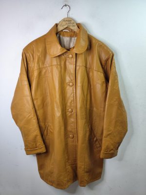 Chaqueta de piel larga amarillo mostaza vintage 80s 3XL