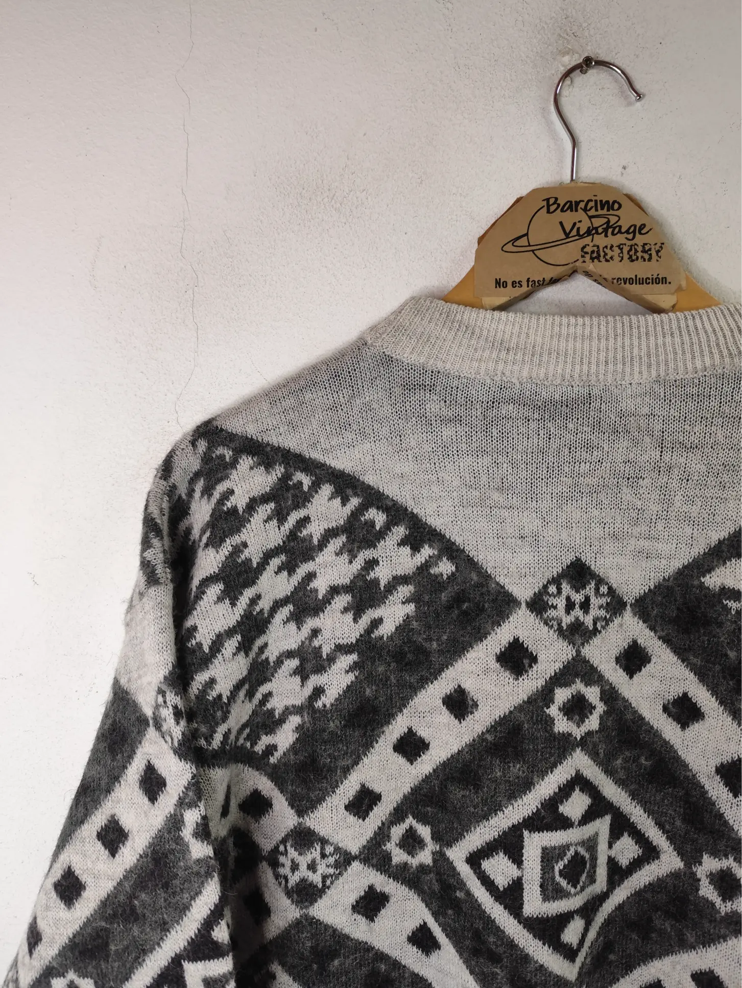 Jersey de lana y alpaca blanco y gris estampado vintage 90s L XL - Imagen 5