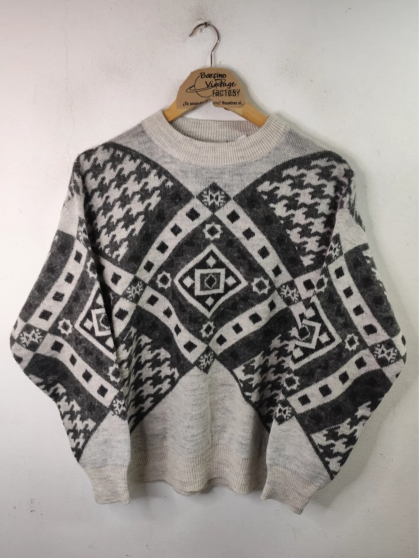 Jersey de lana y alpaca blanco y gris estampado vintage 90s L XL