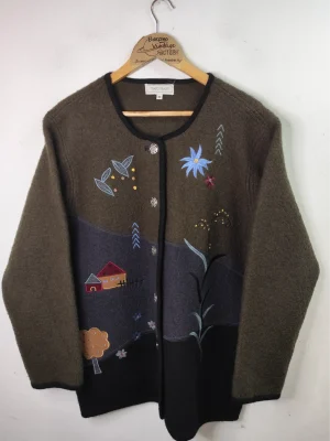 Cárdigan austriaco verde paisaje bordado vintage 90s XL XXL